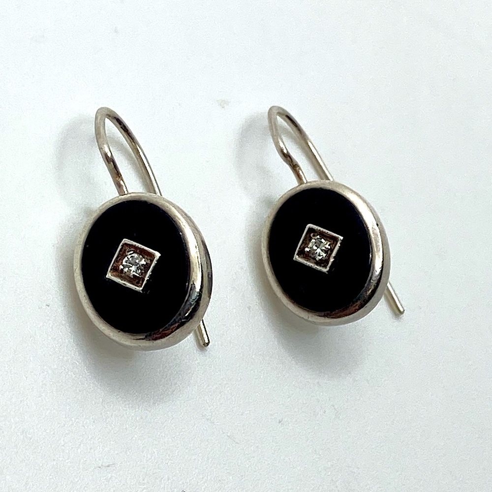 Vtg Sterling Onyx Inlay & Cz Stone Oval Shaped Shepherds Hook Earrings .9”
